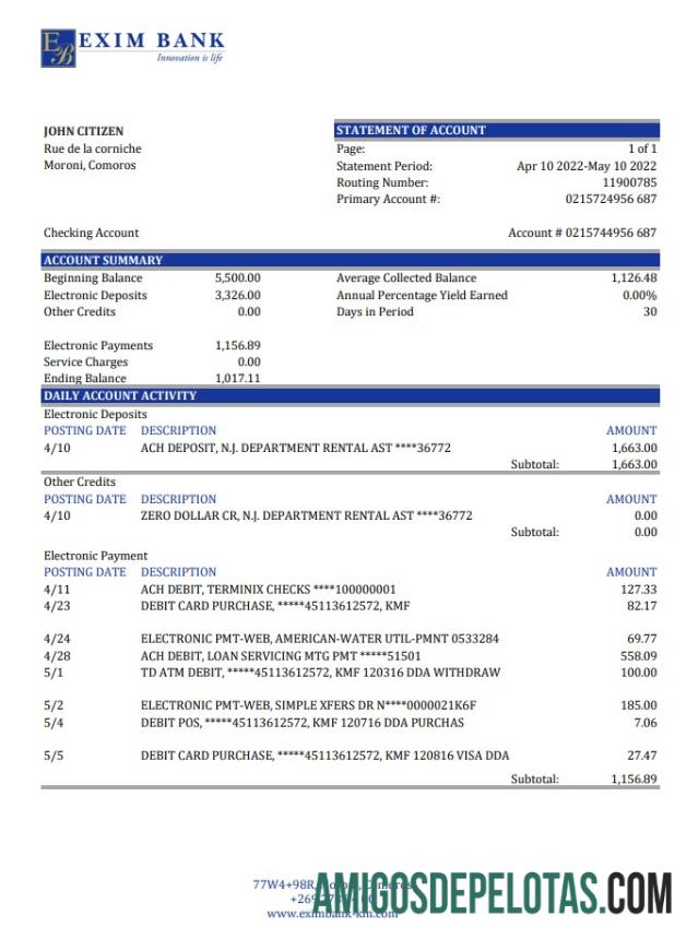 Comoros Exim Bank Statement Xls amostra